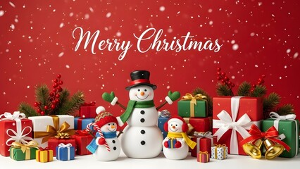 Festive christmas scene with snowmen and gifts under falling snow