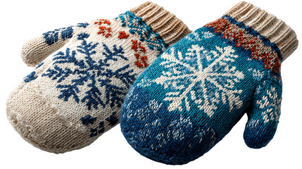 Blue and white knitted mittens with detailed snowflake design, fluffy texture, winter apparel accessory, clean bright lighting, isolated on transparent background