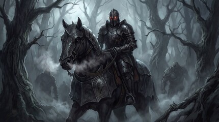 Fototapeta premium Knight on a horse in a forest with smoke coming out of his mouth