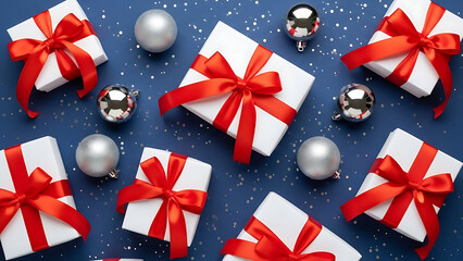 Festive Christmas gift boxes with red ribbons and silver baubles on a blue speckled background, celebrating the holiday season with presents