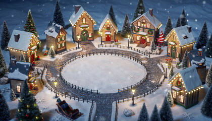 Miniature Christmas village with snowy houses, Santa, snowman and glowing lights around a circular town square, winter background with copy space for holiday greetings and designs.