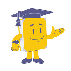 Book Mascot Presenting or Welcoming with Graduation Cap