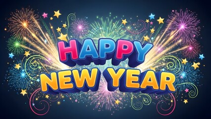 Happy new year text with colorful fireworks and stars