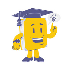 Smart Book Character with Graduation Cap and Idea Lightbulb