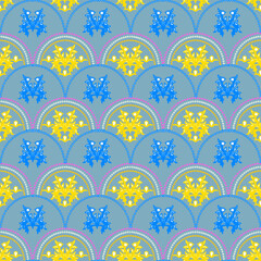 ​A seamless repeating pattern featuring stylized orange and yellow flowers and green leaves within a scalloped, Art Deco-inspired arch motif on a pale tan background.