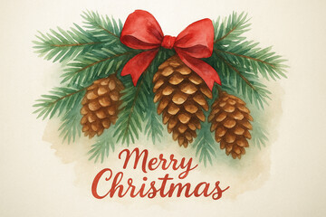 Watercolor Christmas pine cones with red bow