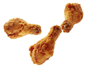 Three Crispy Fried Chicken Drumsticks Isolated on Transparent Background Ready for Delicious Meal