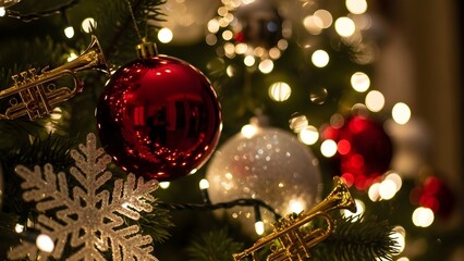 Close-up of a Christmas tree adorned with glistening red and white baubles, golden trumpet ornaments, and a snowflake, illuminated by twinkling lights, embodying holiday joy
