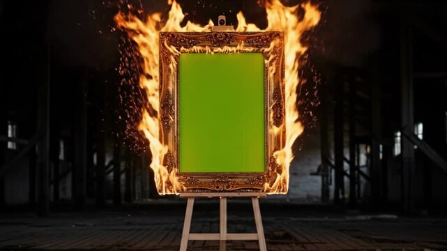 Burning Frame on Easel - A Fiery Artistic Statement in the Night.