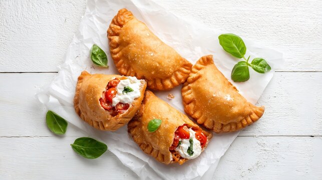 Top down image of Italian panzerotti pastries filled tomato and mozzarella arranged on a white background for bright minimalistic photography