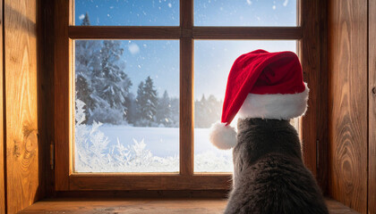 Adorable cat wears Santa hat gazing out window at snowy winter wonderland scene