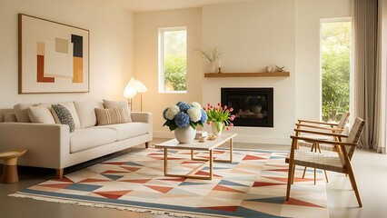 Modern living room with neutral sofa colorful rug and fireplace