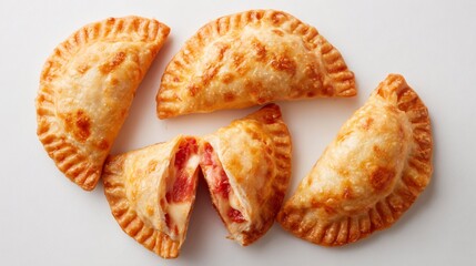 Top down image of Italian panzerotti pastries filled tomato and mozzarella arranged on a white background for bright minimalistic photography