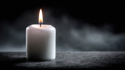 Single white candle illuminated against dark smoky background. All Saints' Day