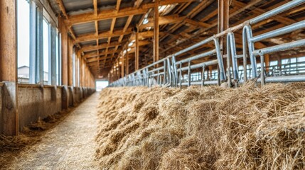 Fototapeta premium Dairy Cows Eat Hay in Modern Cowsheds on a Commercial Dairy Farm During Daytime in a Large Agricultural Setting