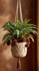 Hanging macram&eacute; planter with ferns and pine cones on brown textured background