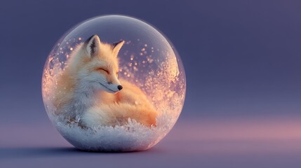 Obraz premium Serene fox in snow globe with soft glow on purple background