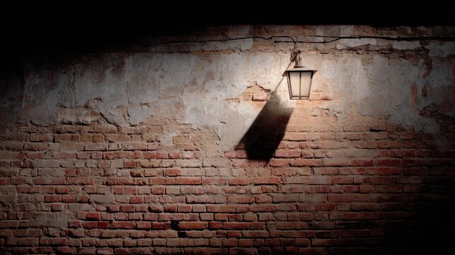 Rustic wall with vintage lantern casting shadow on weathered brick surface, Guy Fawkes Night