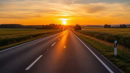 Long open road leading to the setting sun