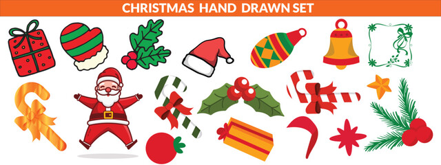 Christmas hand drawn cute vintage doodle elements. Christmas tree, gift, star, bows, candy cane, baubles, cacao, confetti, snowflake, holly. Holiday retro decorations. Vector illustration big set.