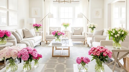 Elegant living room filled with abundant pink and white floral arrangements