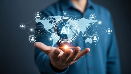 Global artificial intelligence network connection in human hand digital.