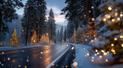 Festive Road in Winter Wonderland: A mesmerizing view of a road adorned with twinkling lights in a snow-covered winter landscape, evoking a sense of calm and magic.