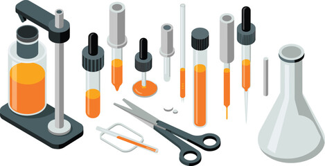 Isometric illustration of laboratory equipment including test tubes droppers flasks scissors pipettes stand containers and chemistry tools used for scientific experiments