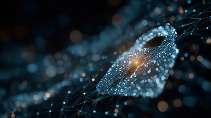 Digital Security: An abstract portrayal of a lock formed by intricate digital threads, symbolizing data encryption, internet safety, and secure information. 