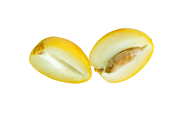 Fresh ripe yellow date palm fruits in two halves in stack isolated with clipping path in png file format Concept of iftar food in Ramadan for Muslims