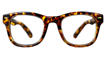 Tortoiseshell eyeglasses with classic design, warm brown pattern, elegant shape, high-detail polished finish, optical fashion accessory, isolated on transparent background