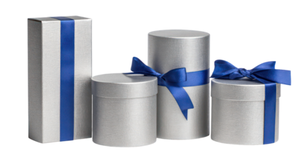 Four silver wrapped cylindrical gift boxes with blue ribbon isolated on transparent background