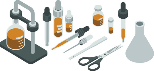 Isometric illustration of laboratory equipment including test tubes droppers flasks scissors pipettes stand containers and chemistry tools used for scientific experiments