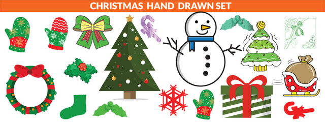 Christmas hand drawn cute vintage doodle elements. Christmas tree, gift, star, bows, candy cane, baubles, cacao, confetti, snowflake, holly. Holiday retro decorations. Vector illustration big set.