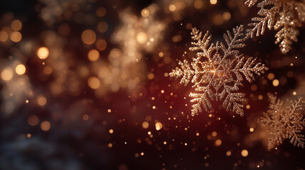 Golden Snowflake Sparkle: Exquisite golden snowflakes shimmer and dance against a warm, inviting backdrop of soft bokeh lights, creating a captivating winter scene.