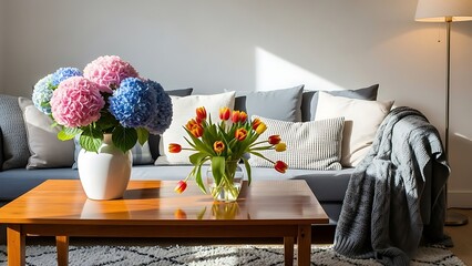 Bright living room with hydrangea and tulip flower arrangements on coffee table