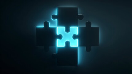 Puzzle's Connection: A symbolic representation of interconnectedness and solutions, with puzzle pieces fitting together perfectly, glowing with an ethereal blue light against a dark background. 