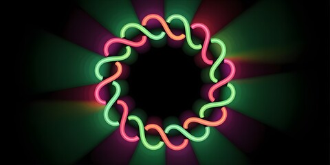 Interconnected neon infinity symbols form a glowing circular chain against dark background