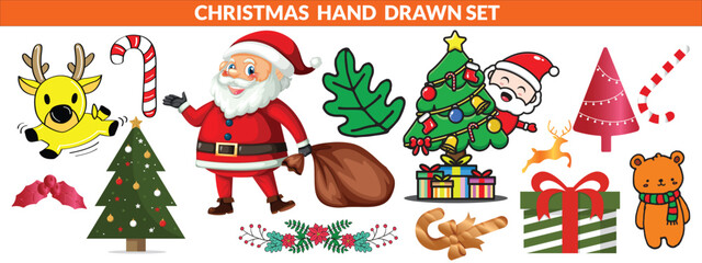 Christmas hand drawn cute vintage doodle elements. Christmas tree, gift, star, bows, candy cane, baubles, cacao, confetti, snowflake, holly. Holiday retro decorations. Vector illustration big set.