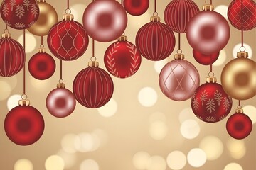 Festive christmas ornaments in red and gold with soft bokeh lights in background