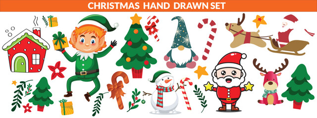 Christmas hand drawn cute vintage doodle elements. Christmas tree, gift, star, bows, candy cane, baubles, cacao, confetti, snowflake, holly. Holiday retro decorations. Vector illustration big set.