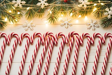 Row of festive candy canes with christmas lights and snowflakes on white background