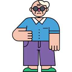 Elderly Man With Glasses And Blue Shirt Purple Pants Standing Confident With Hand On Stomach And Black Background With Flat Design