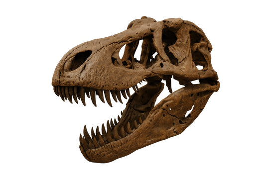 Tyrannosaurus rex skull fossil revealing ancient predator anatomy and paleontology discoveries on transparent background