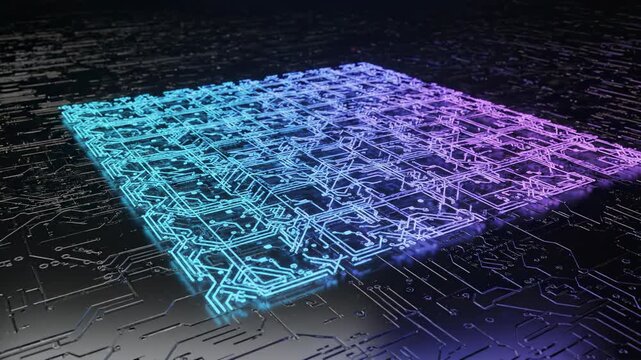 A powerful vibrant abstract digital grid pulsing and expanding rhythmically across a dark technological surface in a seamless loop computer, expanding, surface
