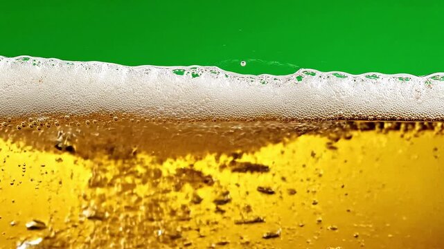 Cold craft light beer pouring to full glass on green screen background, slow motion close up. Stream wheat malt beverage flowing in clear goblet making dense bubbling foam. Froth heady drink foaming c