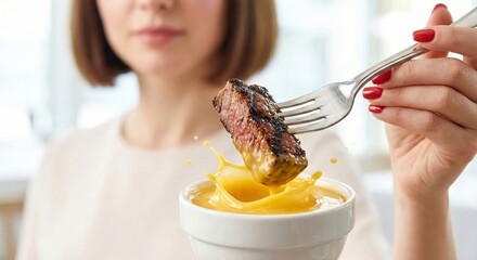 Close up woman hand dipping grilled beef steak piece into yellow cheese sauce bowl.