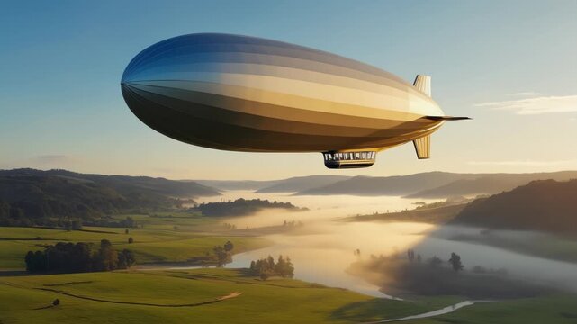Airship Flying Over Green Valley During Sunrise with Morning Fog
