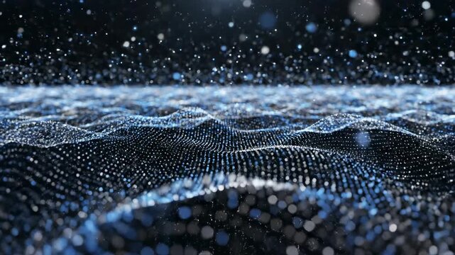 A vast field of glowing micro particles forming complex and intertwined flowing wave patterns that slowly pulse with soft blue and silver energy dynamic, slowly, cosmic