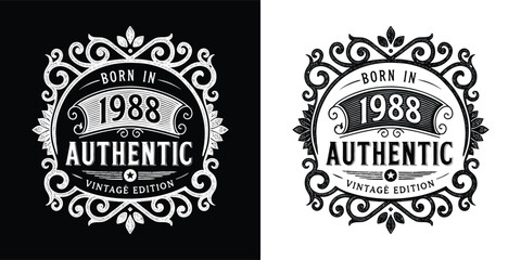 Obraz premium Authentic vintage design celebrating the year 1988, featuring ornate decorative elements and a classic typography style, ideal for retrothemed products